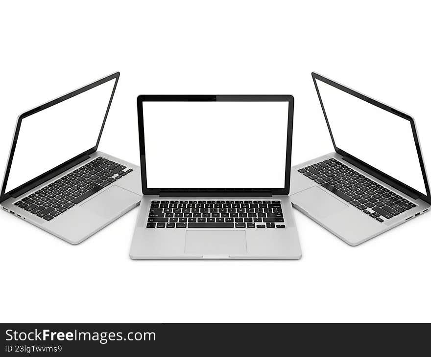 Three laptops displayed side by side