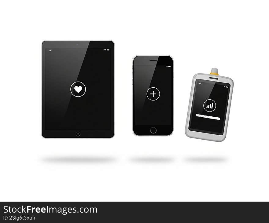 The image showcases three distinct mobile devices, each displaying a unique icon on their screens. The devices vary in size and design, indicating different models or brands. The largest device, likely a tablet, displays a heart icon. The middle device, a smartphone, shows a plus sign icon. The smallest device, possibly a feature phone, displays a volume icon. All devices have a sleek and modern. The image showcases three distinct mobile devices, each displaying a unique icon on their screens. The devices vary in size and design, indicating different models or brands. The largest device, likely a tablet, displays a heart icon. The middle device, a smartphone, shows a plus sign icon. The smallest device, possibly a feature phone, displays a volume icon. All devices have a sleek and modern