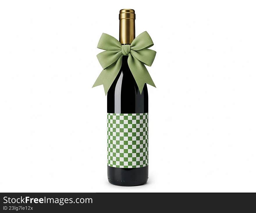 A wine bottle is elegantly decorated with a green bow tied around its neck and a patterned wrap featuring a checkered design. The bottle stands upright against a plain white background, exuding a sense of sophistication and readiness for a special occasion. A wine bottle is elegantly decorated with a green bow tied around its neck and a patterned wrap featuring a checkered design. The bottle stands upright against a plain white background, exuding a sense of sophistication and readiness for a special occasion