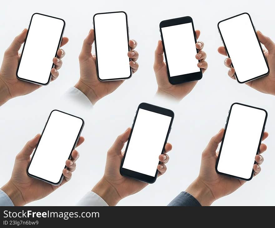 The image depicts eight different hands each holding a smartphone. The smartphones have blank white screens, and the hands are positioned in various orientations. The background is plain white, which puts the focus entirely on the smartphones and the hands holding them. The image depicts eight different hands each holding a smartphone. The smartphones have blank white screens, and the hands are positioned in various orientations. The background is plain white, which puts the focus entirely on the smartphones and the hands holding them