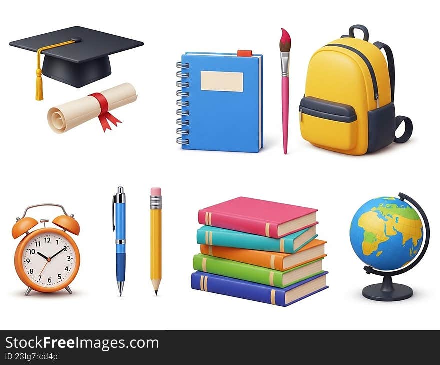 This image features a collection of essential school supplies. Items include a graduation cap, diploma, spiral notebook, backpack, paintbrush, alarm clock, pens, pencils, stack of books, and a globe. These items represent various aspects of education and learning