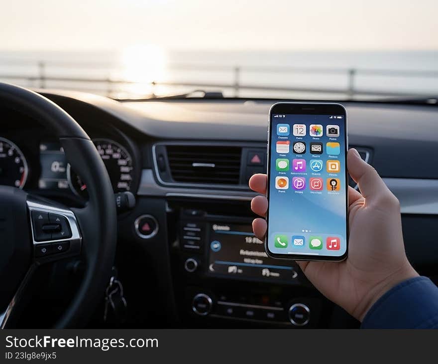 Driver holding smartphone in car