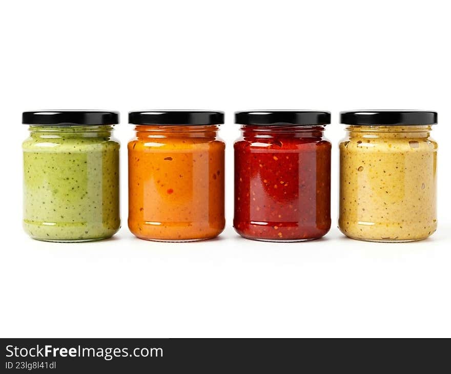 A collection of four jars containing different gourmet sauces. Each jar has a distinct color and texture, suggesting a variety of flavors and ingredients. The jars are neatly arranged in a row, showcasing the vibrant colors of the sauces inside. A collection of four jars containing different gourmet sauces. Each jar has a distinct color and texture, suggesting a variety of flavors and ingredients. The jars are neatly arranged in a row, showcasing the vibrant colors of the sauces inside
