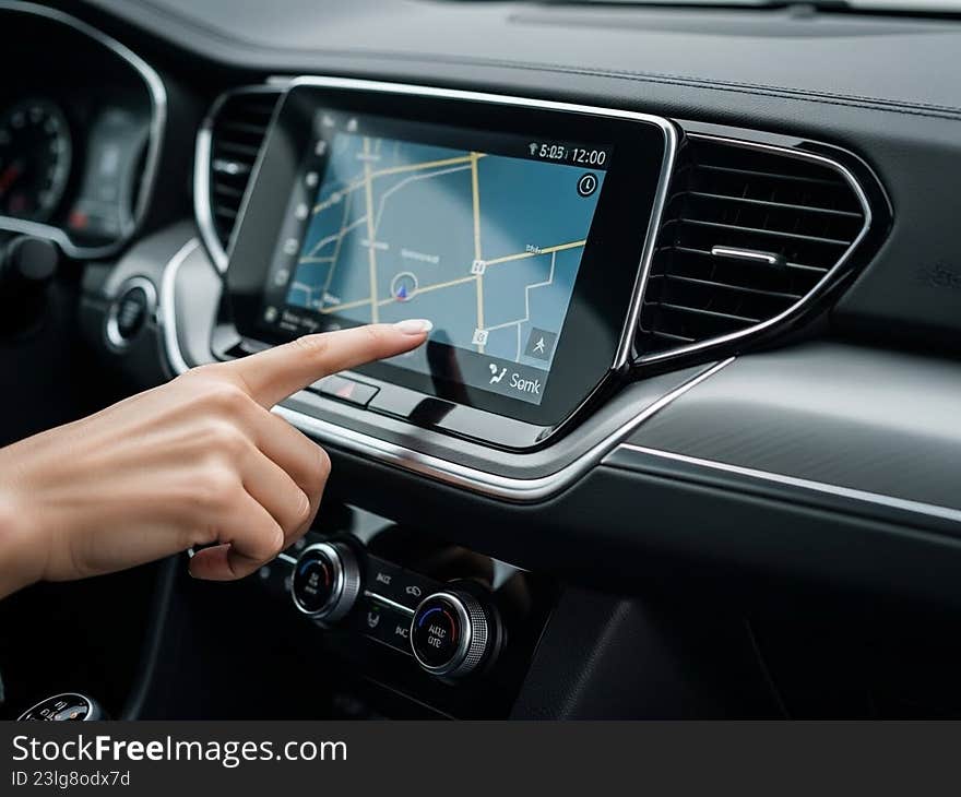 A person is interacting with a car's built-in navigation system, which is mounted on the dashboard. The screen displays a map with route guidance, and the user is touching the screen, possibly to input a destination or adjust settings. The interior of the car is modern and sleek, indicating a contemporary vehicle model. A person is interacting with a car's built-in navigation system, which is mounted on the dashboard. The screen displays a map with route guidance, and the user is touching the screen, possibly to input a destination or adjust settings. The interior of the car is modern and sleek, indicating a contemporary vehicle model