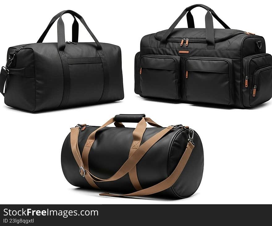 This image showcases a collection of three modern duffle bags designed for travel. Each bag features a sleek and stylish design with multiple compartments for easy organization. The bags come in various colors and styles, including black with brown accents, making them suitable for different occasions and preferences. This image showcases a collection of three modern duffle bags designed for travel. Each bag features a sleek and stylish design with multiple compartments for easy organization. The bags come in various colors and styles, including black with brown accents, making them suitable for different occasions and preferences