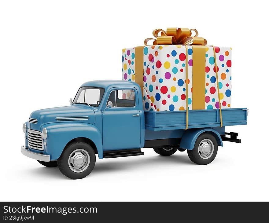 The image depicts a charming vintage truck painted in a vibrant shade of blue. The truck is loaded with three large gift boxes, each wrapped in colorful paper with different patterns. The gift boxes are tied with bows, adding to the festive appearance. The truck is parked against a plain white background, making the colorful gifts stand out prominently. The image depicts a charming vintage truck painted in a vibrant shade of blue. The truck is loaded with three large gift boxes, each wrapped in colorful paper with different patterns. The gift boxes are tied with bows, adding to the festive appearance. The truck is parked against a plain white background, making the colorful gifts stand out prominently