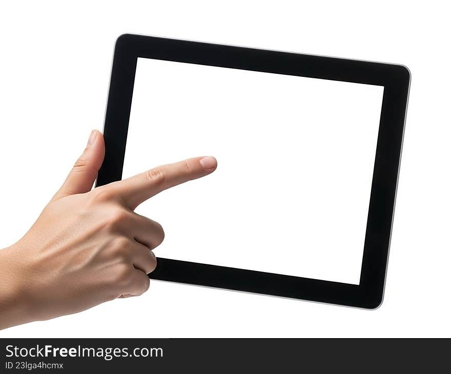 The image shows a person's hand pointing at a tablet device. The tablet screen is blank, and the hand appears to be selecting or highlighting a specific area on the screen. The background is plain white, focusing attention on the tablet and the hand. The image shows a person's hand pointing at a tablet device. The tablet screen is blank, and the hand appears to be selecting or highlighting a specific area on the screen. The background is plain white, focusing attention on the tablet and the hand