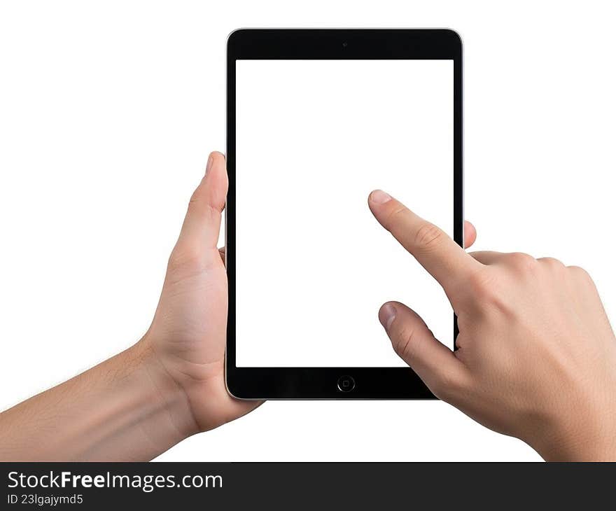 The image shows a pair of hands holding and interacting with a tablet device. The tablet screen is blank, and one hand is touching the screen with a finger, possibly navigating or selecting something on the device. The background is plain white, focusing attention on the hands and the tablet. The image shows a pair of hands holding and interacting with a tablet device. The tablet screen is blank, and one hand is touching the screen with a finger, possibly navigating or selecting something on the device. The background is plain white, focusing attention on the hands and the tablet