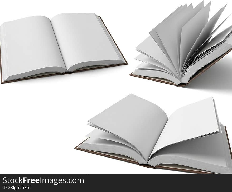 Three open books displaying blank pages