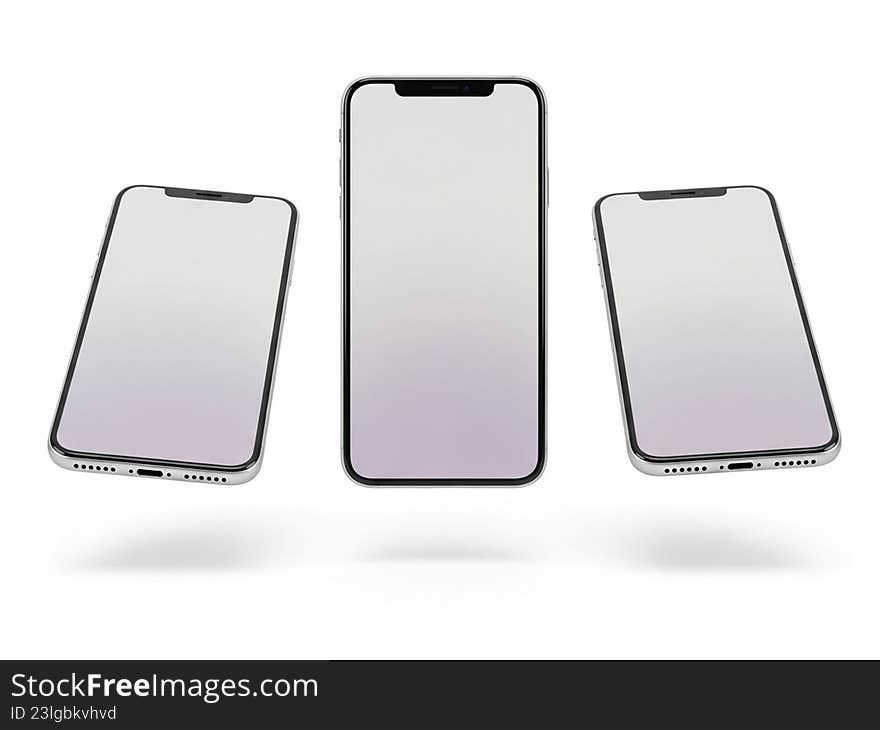 The image features three smartphones arranged in a row, each with a blank screen. The phones are positioned at different angles, with the central phone standing upright and the two side phones tilted slightly to the left and right. The smartphones have a sleek design with minimal bezels and a uniform color scheme, likely white or light gray. The background is plain and white, which emphasizes the. The image features three smartphones arranged in a row, each with a blank screen. The phones are positioned at different angles, with the central phone standing upright and the two side phones tilted slightly to the left and right. The smartphones have a sleek design with minimal bezels and a uniform color scheme, likely white or light gray. The background is plain and white, which emphasizes the
