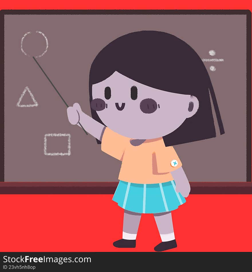 A cartoon girl learning in a classroom