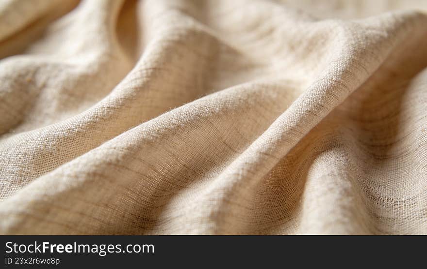 A creative digital illustration depicting Elegant linen fabric texture background in soft beige folds, fine weave details, warm ambient lighting, cozy textured mood, commercial appeal. This AI-generated artwork features unique visual elements suitable for various commercial and editorial applications. AI-generated illustration