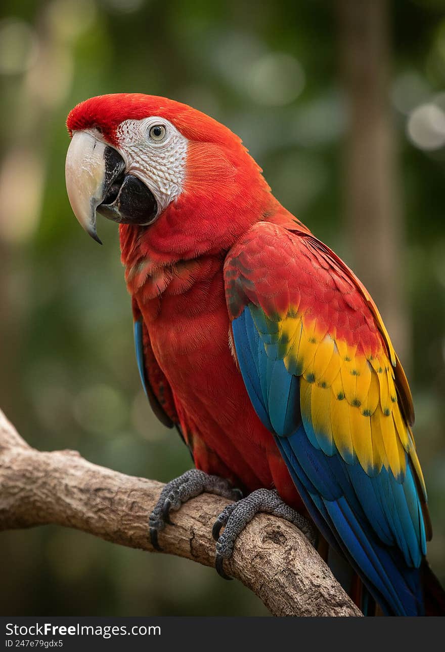 A vibrant macaw perched on a natural wooden branch, captures its detailed back feathers.