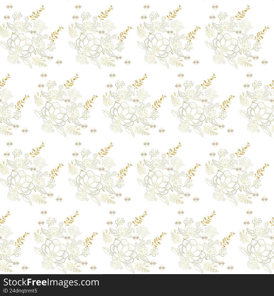 Elegant luxury seamless floral pattern featuring delicate gold line art flowers, leaves, and botanical elements on a clean white background. Perfect for wedding stationery, premium packaging, wallpaper, fabric design, branding, invitations, and luxury surface patterns.