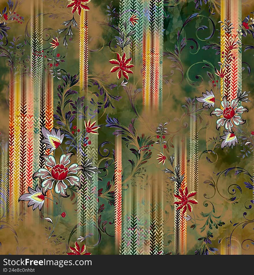 digital printing textile pattern wallpaper colorful flower with watercolor background-illustration