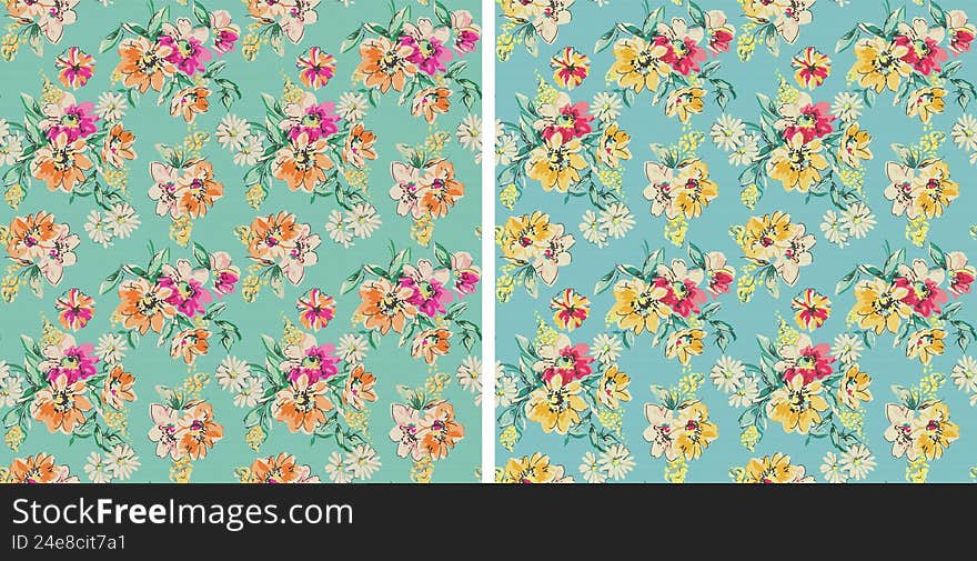 Digital textile design motif with  geometrical border  and ethnic style decoration with botanical flowers and ornaments