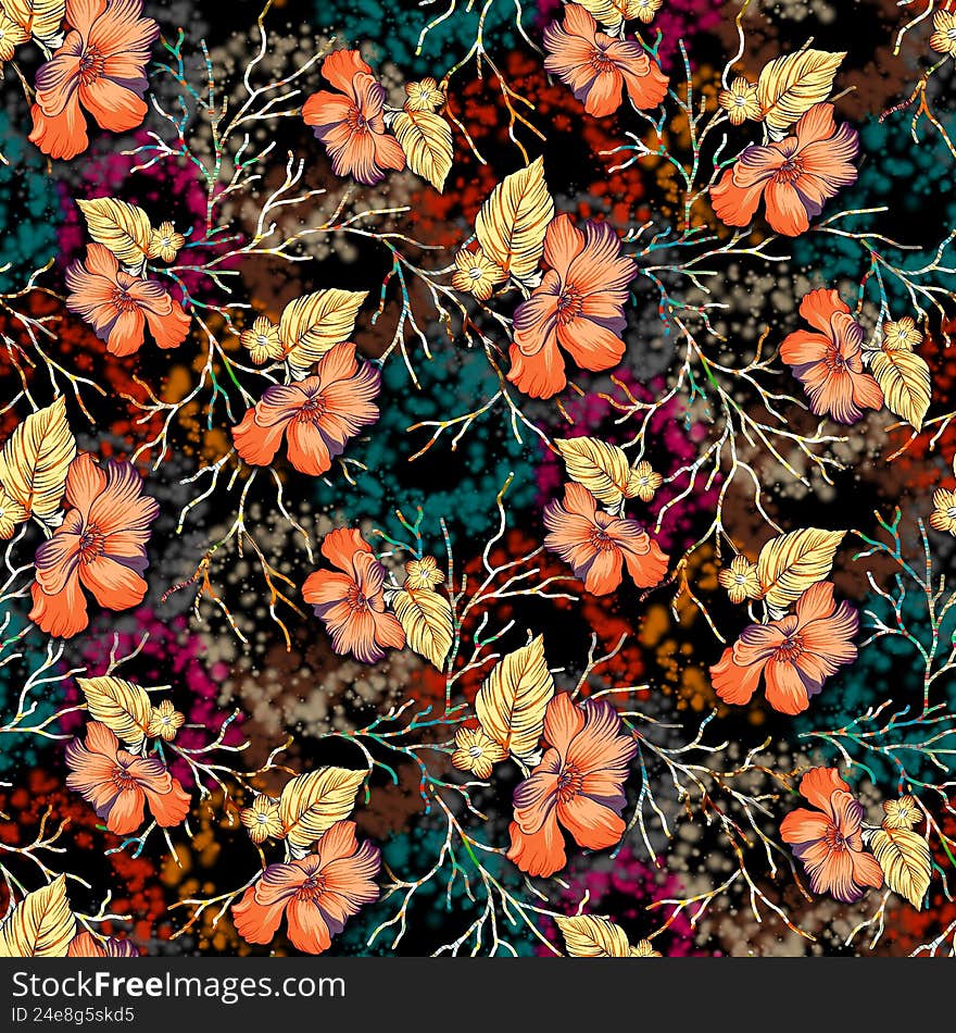Floral seamless pattern with abstract artistic colorful background. Allover print design