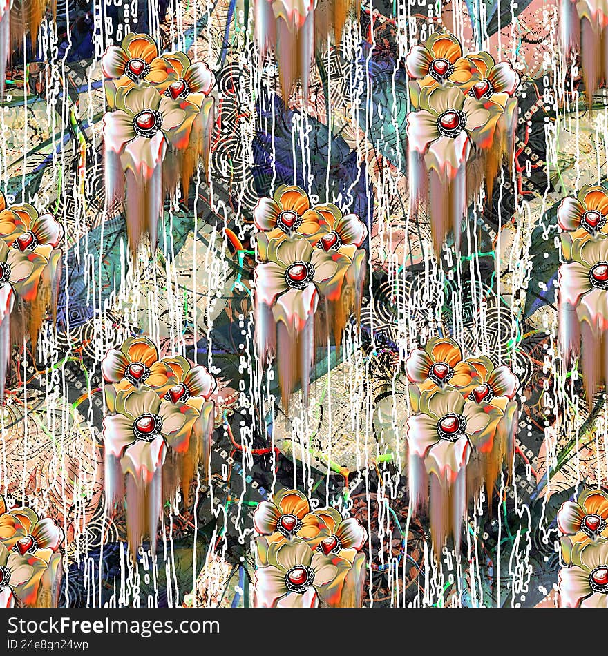 multicolored, melting effected flowers allover pattern  with artistic brush stocks  abstract background for digital print