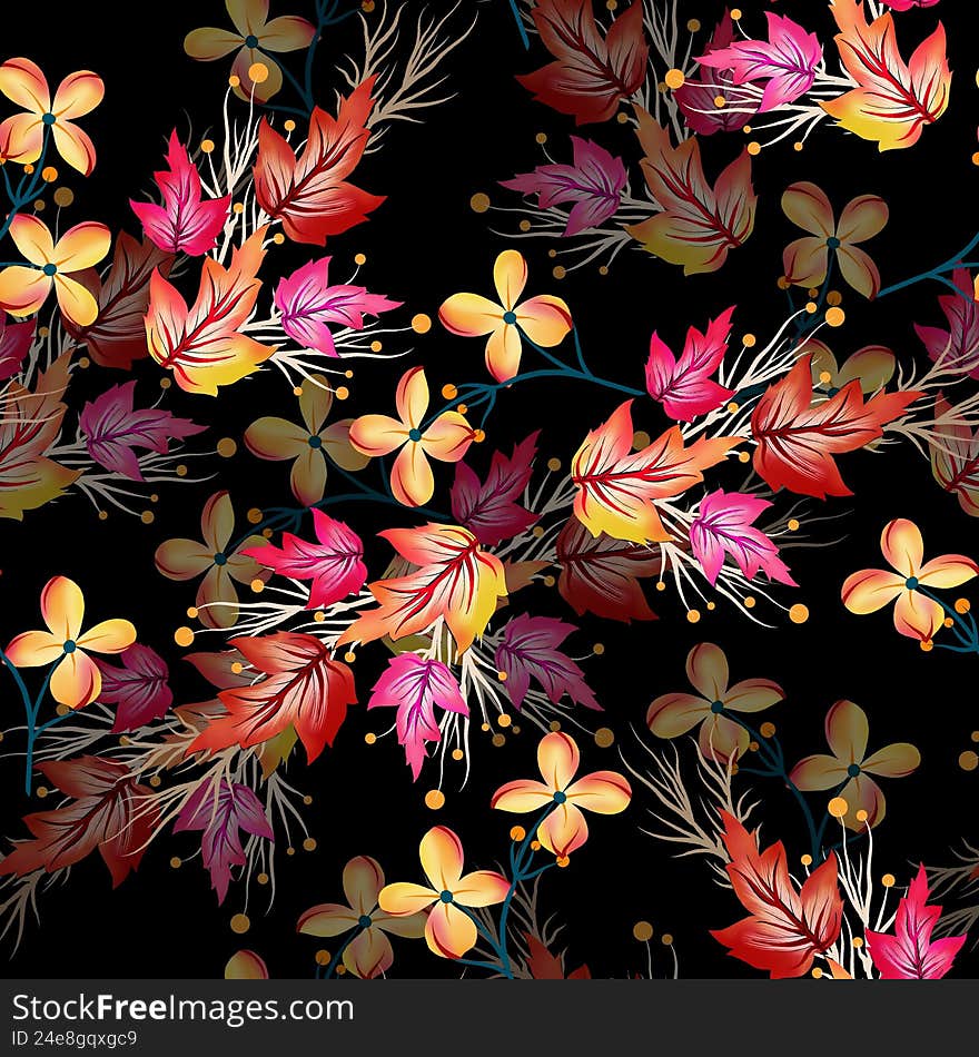 Floral seamless pattern, artistic botanical hand drawing leafs and flower on a black background
