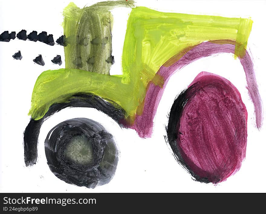 Child's Watercolor Painting of green car
