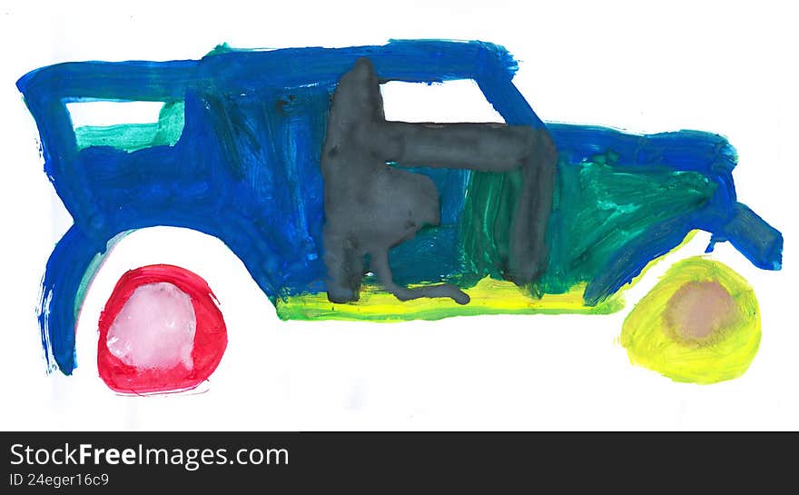 Child's Watercolor Painting of blue car