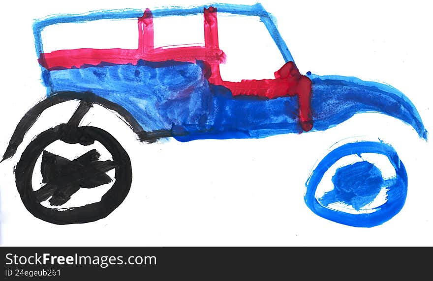 Child's Watercolor Painting of blue car