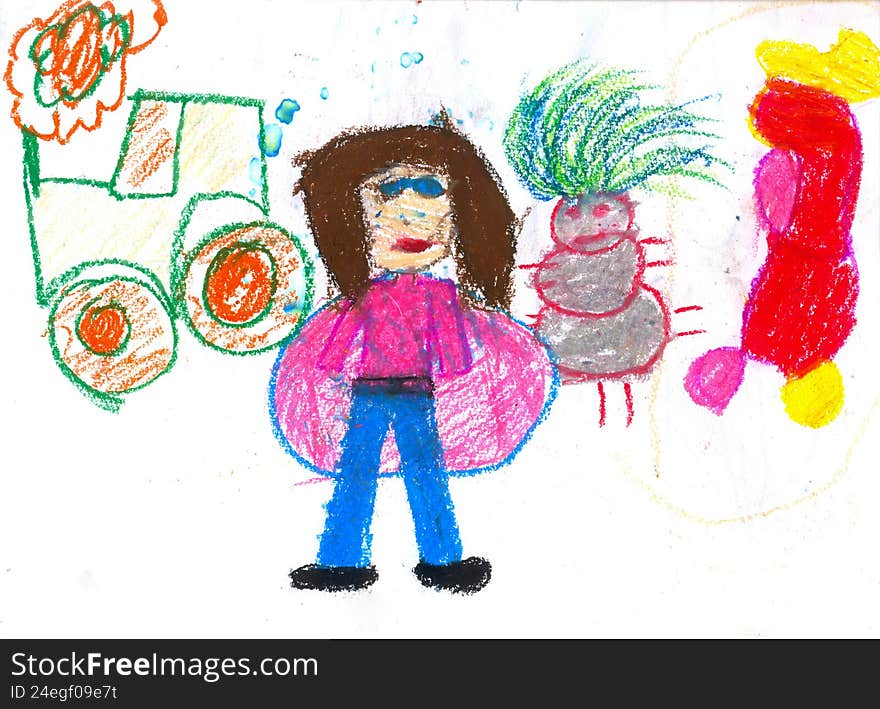 Children's drawing in wax colors. Tractor, girl, shaggy snowman