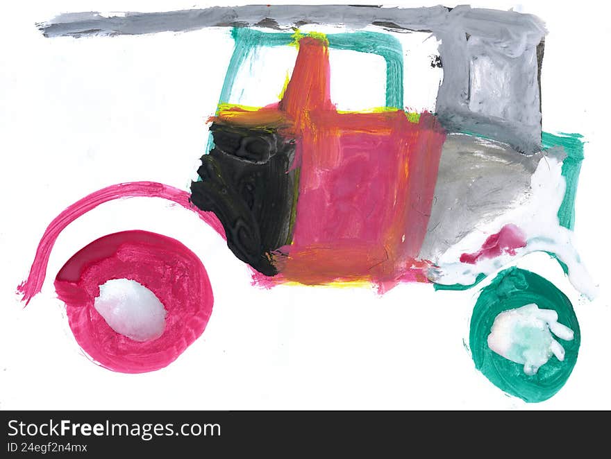 Child's Watercolor Painting of an old car