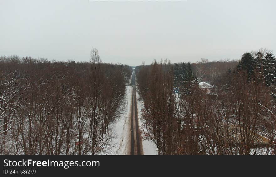 Aerial drone view of a straight snowy road cutting through a quiet winter forest. Bare trees, cold weather and frost create a sere
