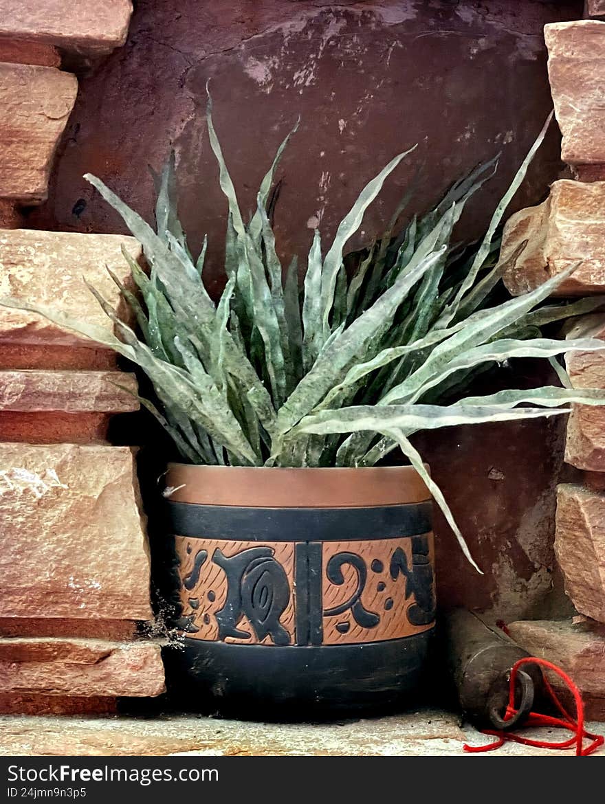 A green plant in a pot rests on a textured brick wall, showcasing a natural and rustic decor element.