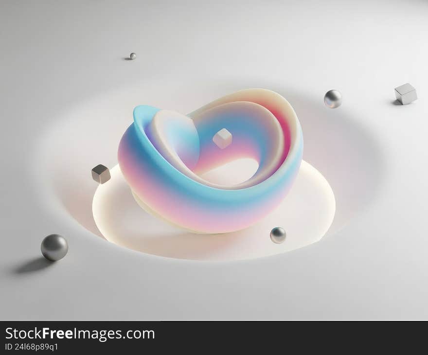 A vibrant, gradient heart-shaped structure surrounded by metallic elements in a minimalistic space. A vibrant, gradient heart-shaped structure surrounded by metallic elements in a minimalistic space