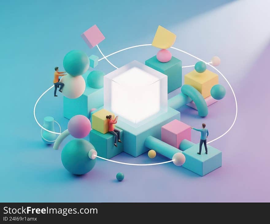 Interactive network of abstract geometric shapes with human figures. Interactive network of abstract geometric shapes with human figures