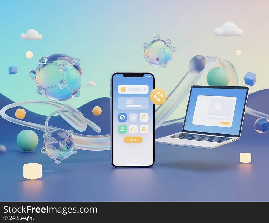 A smartphone and laptop are connected via digital networks, surrounded by abstract geometric shapes and bubbles, symbolizing