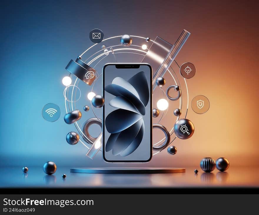 Futuristic smartphone surrounded by technological elements. Futuristic smartphone surrounded by technological elements