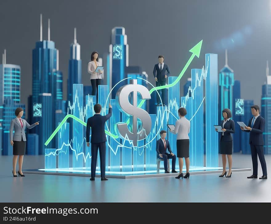 Business professionals analyze financial growth in urban setting. Business professionals analyze financial growth in urban setting