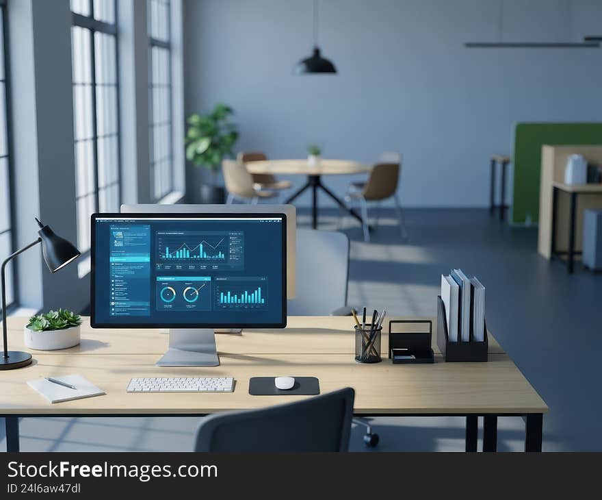 A sleek and organized workspace featuring a computer monitor displaying digital data, surrounded by essential office supplies and
