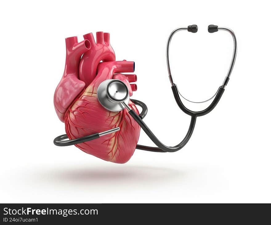 This image features a detailed 3D rendering of a human heart with a stethoscope placed on it. The heart is depicted in a reddish hue, and the stethoscope is black with a metallic diaphragm. The image is set against a transparent background, making it ideal for various design applications. The heart and stethoscope are the central elements, emphasizing medical and healthcare themes. This image features a detailed 3D rendering of a human heart with a stethoscope placed on it. The heart is depicted in a reddish hue, and the stethoscope is black with a metallic diaphragm. The image is set against a transparent background, making it ideal for various design applications. The heart and stethoscope are the central elements, emphasizing medical and healthcare themes