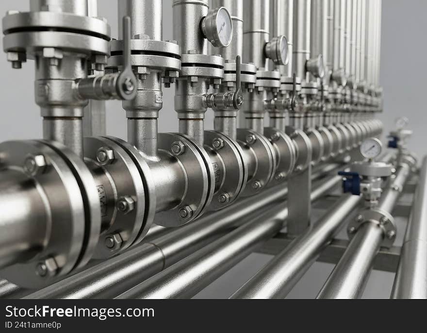 This image shows a series of metallic valves and piping arranged in a row, likely part of an industrial system for controlling the flow of liquids or gases. This image shows a series of metallic valves and piping arranged in a row, likely part of an industrial system for controlling the flow of liquids or gases