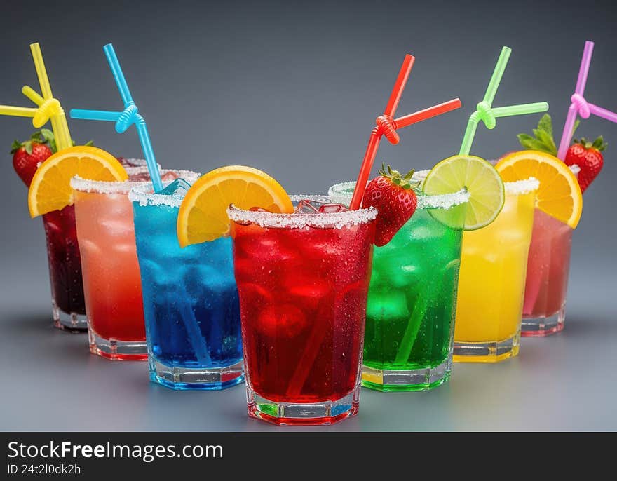 A collection of colorful fruit drinks garnished with fruit slices and served with uniquely shaped straws. A collection of colorful fruit drinks garnished with fruit slices and served with uniquely shaped straws