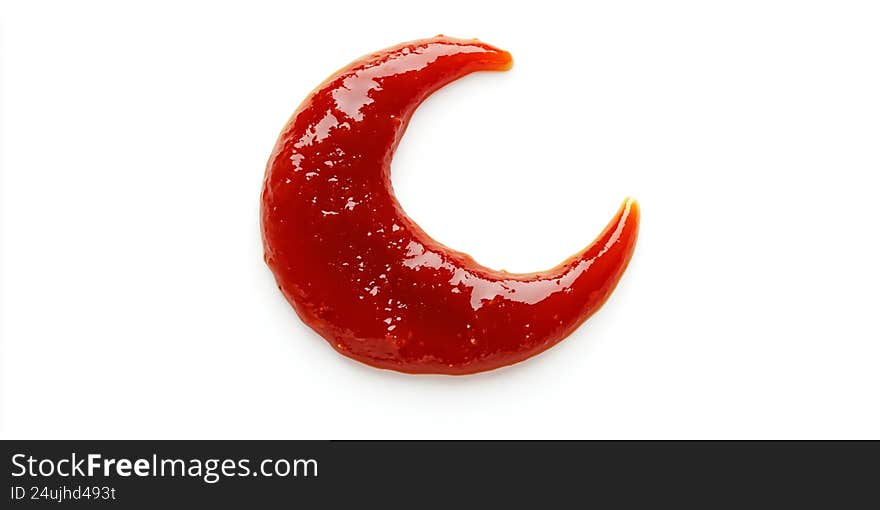 Crescent shape formed from tomato sauce on white background with high contrast.