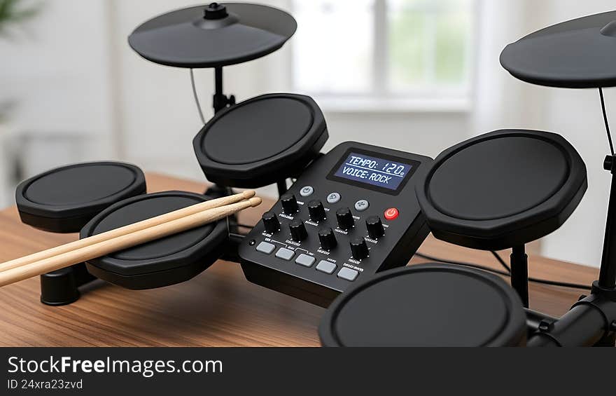 This image showcases a sleek and modern electronic drum set placed on a wooden surface. The drum set features multiple pads, including toms, snares, and cymbals, all connected to a central module with a digital display. The module includes various buttons and knobs for adjusting settings and sounds. A pair of drumsticks rests on the set, ready for use. The background is a simple, blurred indoor. This image showcases a sleek and modern electronic drum set placed on a wooden surface. The drum set features multiple pads, including toms, snares, and cymbals, all connected to a central module with a digital display. The module includes various buttons and knobs for adjusting settings and sounds. A pair of drumsticks rests on the set, ready for use. The background is a simple, blurred indoor