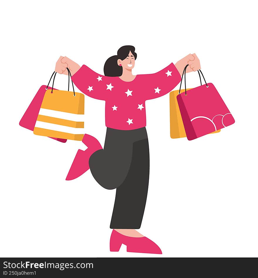 Flat Illustration Happy Woman with Shopping Bags