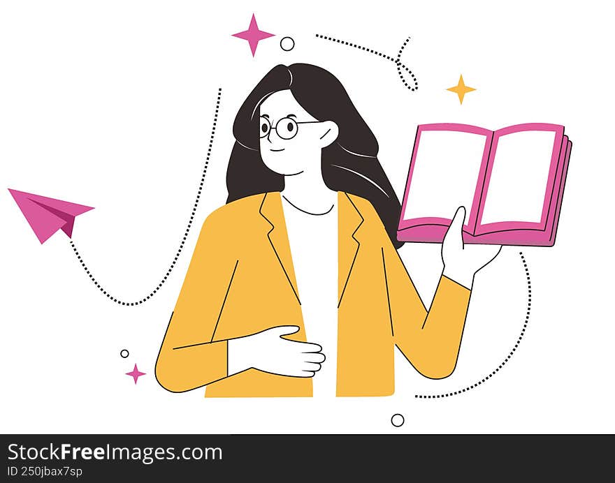 Smiling Female Teacher Holding an Open Book and Paper Plane for Creative Education Concept Illustration