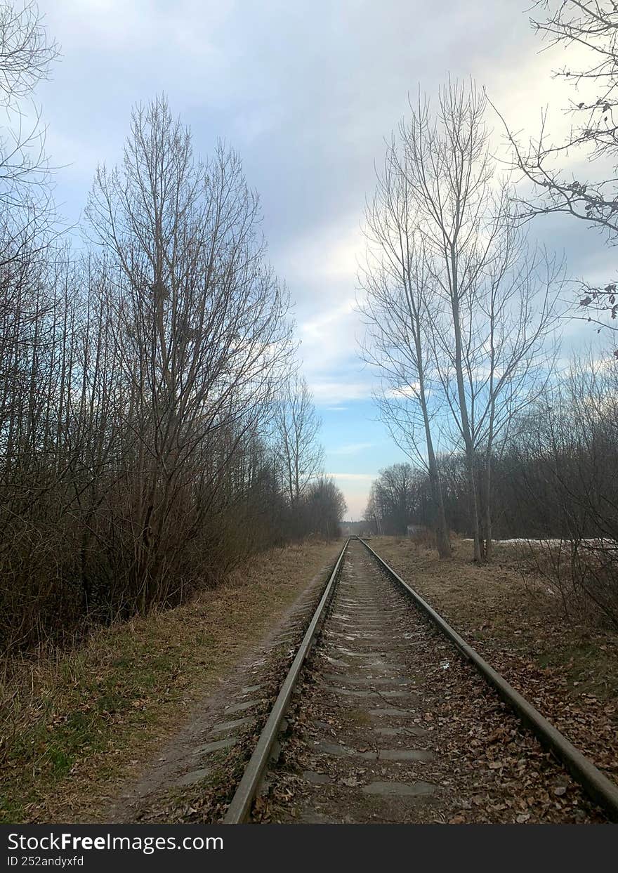Empty railway track stretching into the distance through leafless trees. Calm rural landscape in early spring, natural daylight, symmetry and perspective. Empty railway track stretching into the distance through leafless trees. Calm rural landscape in early spring, natural daylight, symmetry and perspective.
