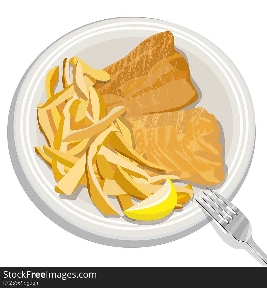 Fried cod with French fries and a lemon slice on a white plate with a steel fork. Traditional Greek cuisine. Vector food illustration