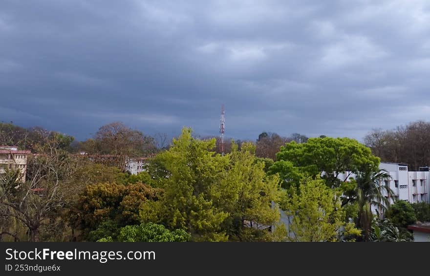 Beautiful natural reflection of white buildings and dead trees under a black sky covered with clouds