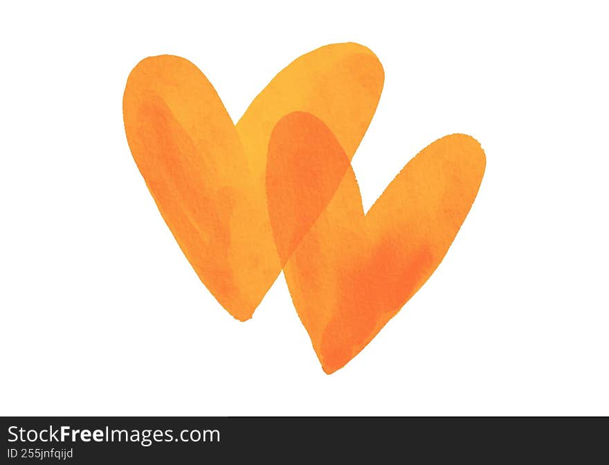 Two overlapping heart shapes painted with soft watercolor texture, set against a clean background. The artistic blend of color and fluid brushwork evokes emotion, affection, and creative warmth.