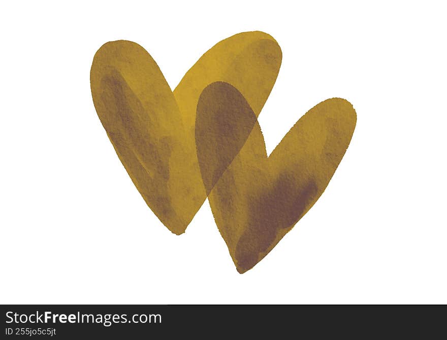 Two overlapping heart shapes painted with soft watercolor texture, set against a clean background. The artistic blend of color and fluid brushwork evokes emotion, affection, and creative warmth.