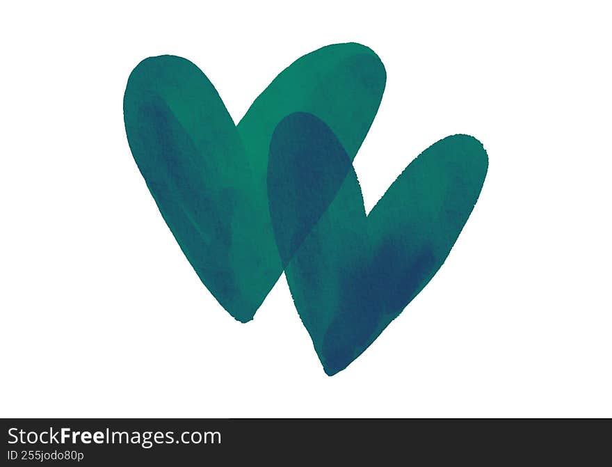 Two overlapping heart shapes painted with soft watercolor texture, set against a clean background. The artistic blend of color and fluid brushwork evokes emotion, affection, and creative warmth.