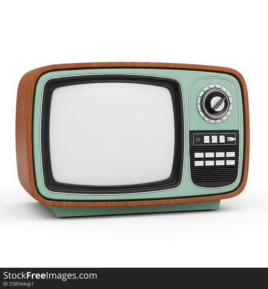 This image features a vintage television set with a wooden frame and a round knob on the right side. The screen is blank, and the set has a retro design with a combination of green and brown colors